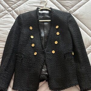Zara Black Textured Blazer with Gold Accents